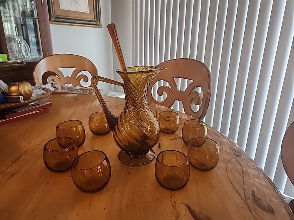 Hand Blown Amber Murano Glass MCM Cocktail Pitcher, Swizzle, Cocktail Glasses